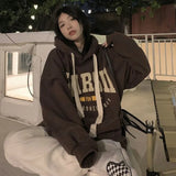 Getadme-Vintage Casual Women Pullovers Harajuku Graphic Korean Fashion Streetwear Brown Hoodies Winter Thick Loose All-match