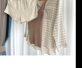 Getadme Summer Women Three Piece Sets Casual Linen Plaid Long Sleeve Tops + Elastic Waist Belt Wide Leg Shorts Vest Suits