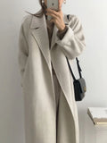 Long Woolen Coat Women Autumn Winter Warm Overcoat Female Elegant Fashion Lace-Up Outerwear Ladies Casual Loose Chic Coats