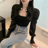 Office Lady Solid Color Patchwork Shirt Slim Fake Two Pieces Spring Autumn Women's Clothing Korean Fashion Button Chain Blouse