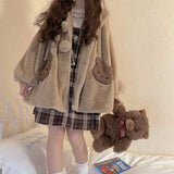 Little Bear Wool Coat Girl Preppy 2022 Autumn Winter Cute Pocket Hooded Bear Ears Thicken h Jacket Kwaii Clothes