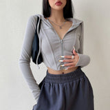 Getadme European American Sexy Hooded Women Zipper Cardigan Shirt Spring Autumn Retro Short Crop Slim Thin Sports Top