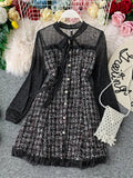 Getadme Autumn Fashion Long Sleeve Mini Dress Women Tweed Patchwork Mesh Ruffles Elegant Vintage Korean Slim Plaid Woolen Dress Vestidos