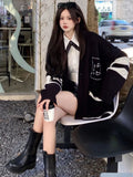 Getadme-Korean School Student Black Baggy Cardigan Women Preppy Style Oversized Loose Letter Embroidery Knitted Top  Autumn