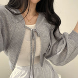 White Knitted Cardigan Women Spring Summer Thin Sunscreen Lace-Up Knitwear Tops Female Korean Style Lantern Sleeve Short Shirt