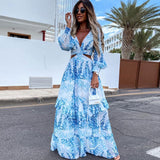 Sexy V-Neck Backless Hollow Out Dress 2023 Autumn Women Lantern Sleeve Club Party Long Maxi Dresses Tunic Beach Cover Up A939