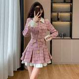 Getadme-Autumn Plaid Patchwork Women Dress Small Fragrance Tweed Single Breasted Sashes Pink Dresses Party Female Korean Vestidos