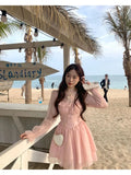 Getadme- Fairycore Korean Style Pink Corset Dress Women Y2k Ruffles One Piece Long Sleeve Layered Tunic Mini Princess Dresses