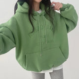 Getadme-Autumn Women Clothing Korean Fashion Baggy Pure Green Pullover Sweatshirt Streetwear Chic Letter Print Long Sleeves Hoodie