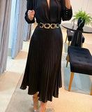 Getadme-Black Ankle Length Dresses Women V Neck Long Sleeve Loose Elegant Office Lady Fold Dresses Women Autumn New