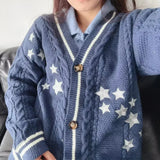 Getadme-Autumn Star Embroidery Midnight Blue Cotton Knitted Cardigans Women Winter Warm Loose Fit Sweaters for Women Y2k Women Cardigan