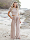 Getadme-Fashion Casual Women Suits Summer Short Sleeve T-shirt + Wide-leg Loose Trouser Two-piece Sets High Waist Pants Elegant Set