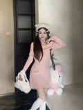 Sweet Knitted Dresses Women Summer Slash Neck Long Sleeve Bow Decoration Mini Dress Kawaii Clothes