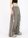 Getadme 2 Y2K Kpop Cargo Pant Women Drawstring Pockets Wide Leg Chic Punk Pants Baggy Striped Sports Sweatpants Parachute Jogger Trousers