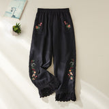 Getadme Women's Cotton Linen Pants Female Elastic Waist Floral Embroidery Traditional Folk Lace Patchwork Ankle Length Casual Trousers