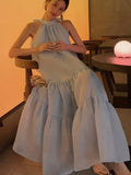 French Elegant Women's Summer Fashion 2023 New Sleeveless Strapless Bowknot Blue Long Skirt Kawaii Vest Prom Dress