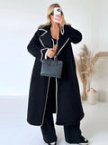 Women Patchwork Splice Woolen Maxi Coat Long Coat Elegant Long Sleeve Solid Loose Jacket 2023 Autumn Winter Lady Outerwear