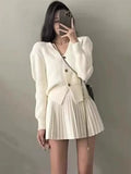 Getadme-Casual Knitted 2 Piece Set Single Breasted V-neck Top + High Waist Mini Pleated Skirt Autumn Spring Korean Fashion Solid Outfits