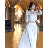 Getadme-French White Long Sleeve 2 Piece Set for Women Autumn New Elegant Fashion Short Top High Waist Long Skirt Suit Female Clothing