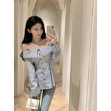 Shoulder Elegant and Youth Woman Blouses Korean Style Striped Shirt Gyaru Fashion Harajuku Long Sleeve Top Chic Spring