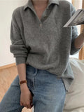 Getadme-French vintage POLO neck cashmere sweater women's autumn and winter loose all-match gray sweater casual fleece