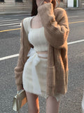 Getadme-Autumn Sweater Knitted Suits Female Elegant 2 Piece Dress Korean Fashion Even Party Y2k Mini Dress Office Lady Short Skirts