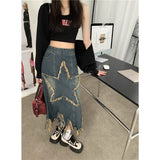 Three-dimensional Five-pointed Star Patch Denim Skirt Women's Spring Autumn Street Thin Do Old Tassel Mid-length Skirts Female