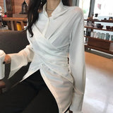 Getadme-Korean Style Women Blouses Tunic White Casual Chic Elegant Female Fashion Irregular Top Long Sleeve Shirts Office Wear