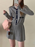 Getadme Elegant Knitted Two Piece Set Women Button Korean Vintage Party Skirt Set Female Designer Casual Pleated Skirt Suit  Autumn