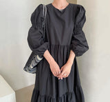 Getadme Vintage Simple Dress Women Autumn Solid Casual O-neck Puff Sleeve High Waist Black Vestidos Korea Chic  New