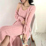 Getadme-Chic Pink Wool Dress Set Women Sexy Winter Fall Argyle Sleeveless Knitting Dress Ladies Korean Streetwear Knitwear Autumn