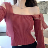 Getadme Spring New Women's Fashion Bandage Knit Tops Korean Lady Sexy Short Off-Shoulder Sweater Daily Joker Tops Streetwear Female