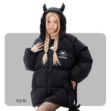 Little Devil Cartoon Parka With Wings And Tail Creative High Street Winter Warm Down Y2K Jacket Couple Loose Hooded Bubble Coat