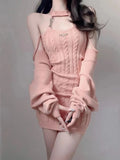 Getadme knitted Two Piece Sets Fashion Hot Girl Outfits For Women Suit Crop Top pink cardigan Female Mini Wrap knitted dresses Woman