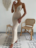 Women Sexy Halter Knitted Midi Dress Solid Color Tie-Up Backless Sleeveless Bodycon Long Knit Dress for Party Beachwear