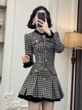 Getadme-Fall Winter French Vintage Small Fragrance Dresses For Women Houndstooth Single Breasted Slim Waist Elegant Mini Pleated Dress