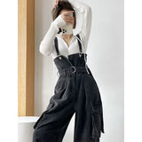 Getadme-Denim Jumpsuits Women High Waisted Cargo Trousers American Streetwear Teens Hipsters Pure Big Pockets Vintage Jean Wholesale