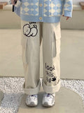 QWEEK Harajuku Kawaii White Corduroy Pants Sweet Cartoon Embroidery Wide Leg Cargo Trousers Oversized Japanese Style Pantalon