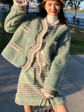 Two Piece Set for Women Outfits Short Set Autumer Winter Elegant Chic Green Skirt Set Wool Coat Long Sleeve Button Thick Korean