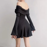 Getadme Autumn Strapless Sexy Black A-LINE Dress Women Off Shoulder Long Sleeves Streetwear Knitting Mini Dresses Elegant Club Partywear