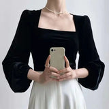 Getadme-Elegant Black Flannel Blouses Women Vintage Lantern Puff Sleeve Velvet Shirts Female French Style Square Collar Tops