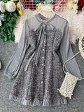 Getadme Autumn Fashion Long Sleeve Mini Dress Women Tweed Patchwork Mesh Ruffles Elegant Vintage Korean Slim Plaid Woolen Dress Vestidos