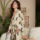 Luxury Ladies Homewear Silk Print Long Sleeve Ladies Pajama Set 2 Pieces With Pant Summer Spring Satin Pyjama For Female 2023