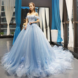 Getadme-Blue Quinceanera Dresses Off The Shoulder Princess Prom Dress Lace Appliques Ball Gown With Small Train Vestidos