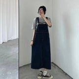 Summer Denim Overall Dress Wommen Dark Blue Suspenders  Jean Dresses Korean Casual Fashion Straight Loose Pocket Long Skirt