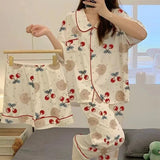 Getadme-3pcs Summer Ladies Pajamas Printing Kawaii Clothes Short Sleeve Laple Top Loose Shorts Trousers Loungewear Suit Women Pijamas