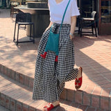 Plaid Wide Leg Pants Women Baggy Korean Style Panelled Temper Trousers Streetwear Pantalones Clothes Summer A-line Teens College