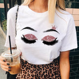 T Shirt Ladies Korean Fashion Summer Short Sleeve Cartoon Casual Female Clothes O-neck Tshirts Tops Eyelash Vintage Clothes