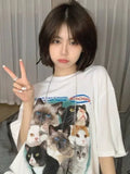 Harajuku Kawaii Women Clothing Cat Printed Graphic Tshirt O-neck Loose Short Sleeve Casual Y2k Aesthetic Top Fairy Grunge Tee
