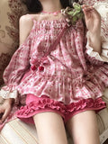 Getadme Pink Japanese Kawaii Two Piece Set Women Summer Sweet Lolita Shorts Suit Female Print Bare Shoulder Blouse + Wide-leg Shorts New